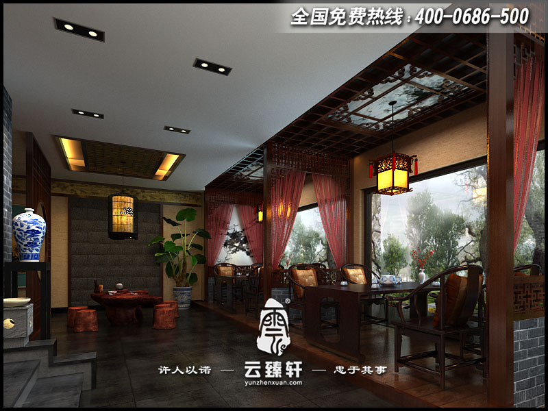 中式茶楼大厅一隅设计效果图